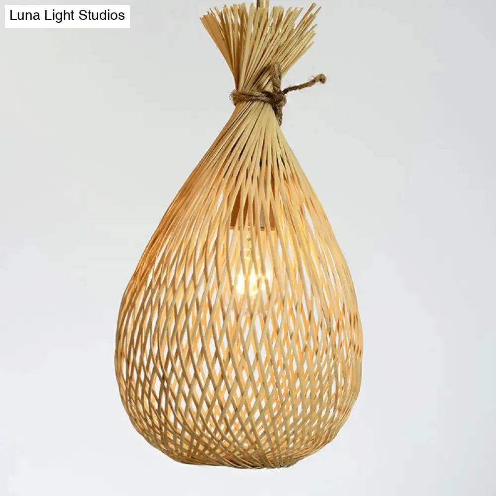 Cottage Bamboo Cluster Pendant Light Fixture - Wood Teardrop Shape, 3 Heads