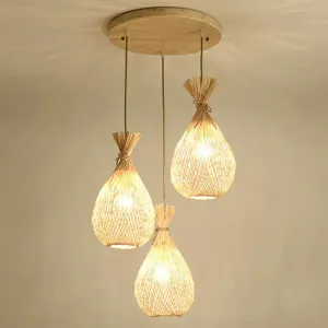 Cottage Bamboo Cluster Pendant Light Fixture - Wood Teardrop Shape, 3 Heads