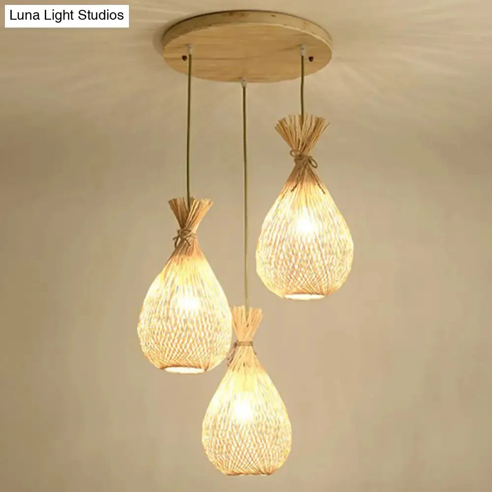 Cottage Bamboo Cluster Pendant Light Fixture - Wood Teardrop Shape, 3 Heads