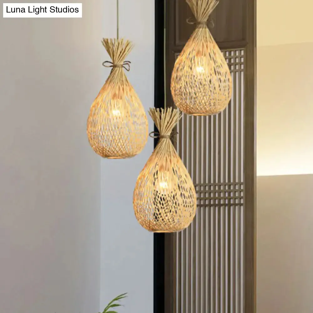 Cottage Bamboo Cluster Pendant Light Fixture - Wood Teardrop Shape, 3 Heads