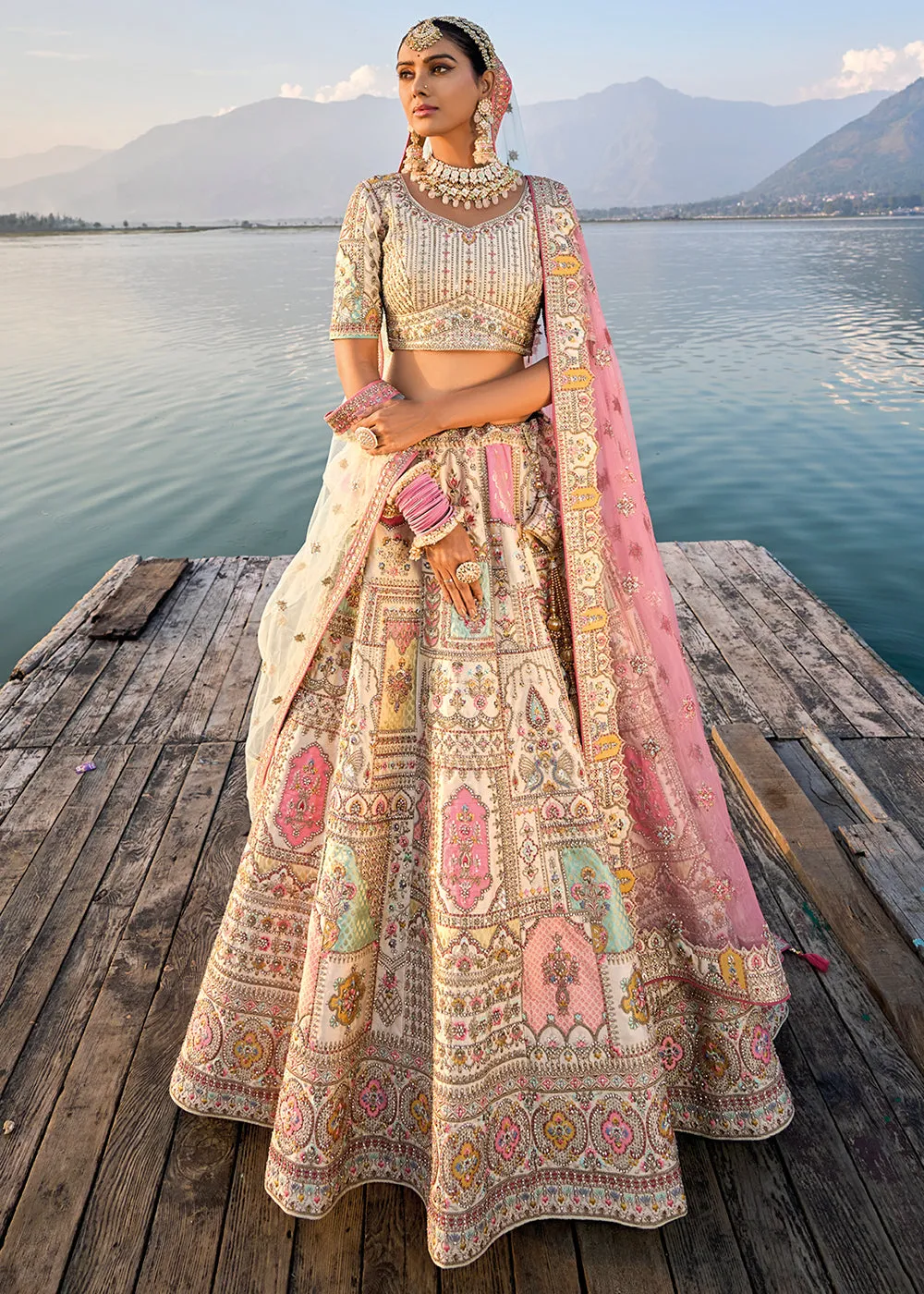 Cream White Banarasi Silk Bridal Lehenga Choli with Heavy Embroidery Work: Top Pick