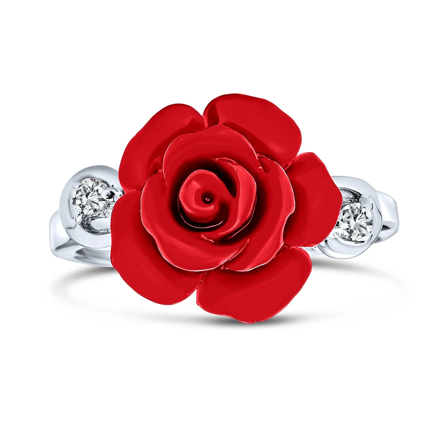 CZ Accent Flower Fashion Red Rose Cocktail Statement Ring in .925 Sterling Silver