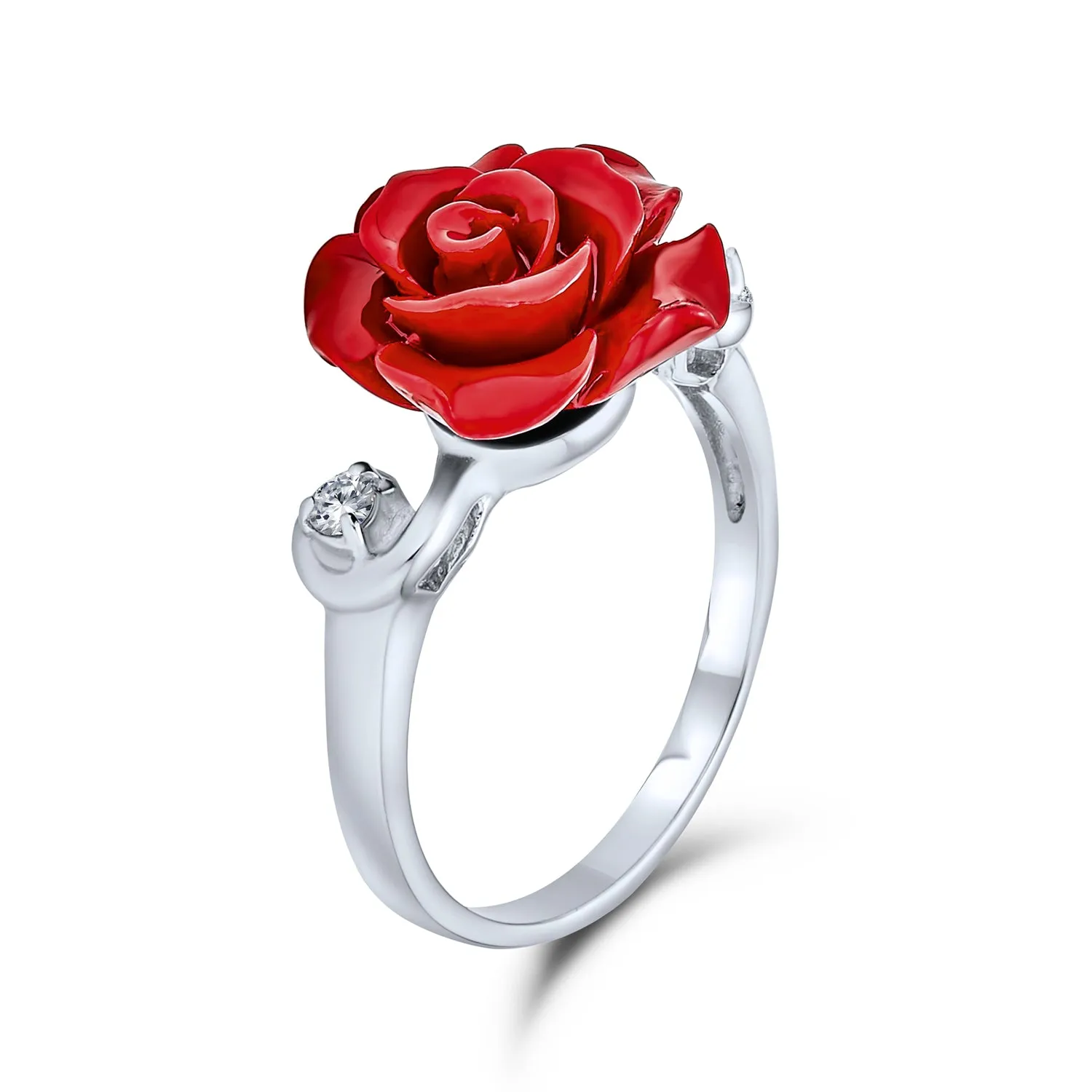 CZ Accent Flower Fashion Red Rose Cocktail Statement Ring in .925 Sterling Silver