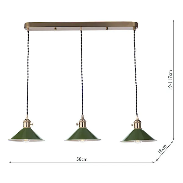 Dar Hadano 3 Bar Light Brass with Olive Green Shades