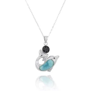 Dolphin Necklace with Larimar and Black Spinel - Miami