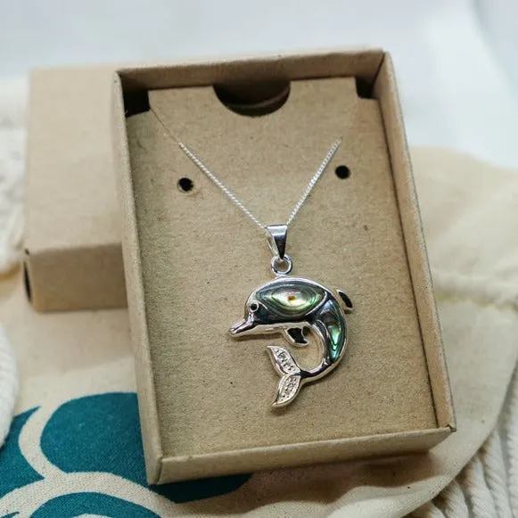 Dolphin Pendant Necklace with Abalone Shell and White CZ