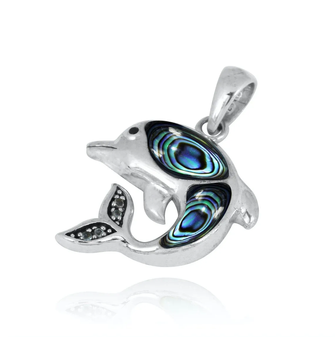 Dolphin Pendant Necklace with Abalone Shell and White CZ