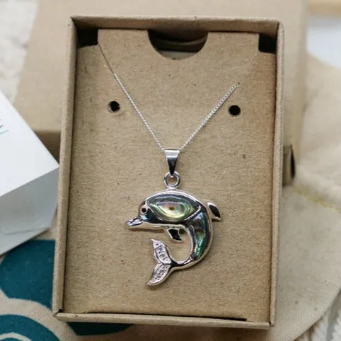 Dolphin Pendant Necklace with Abalone Shell and White CZ