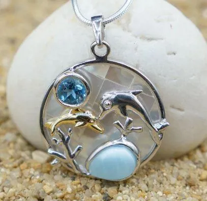 Dolphin Pendant Necklace with Larimar, Swiss Blue Topaz and Mother of Pearl Mosaic