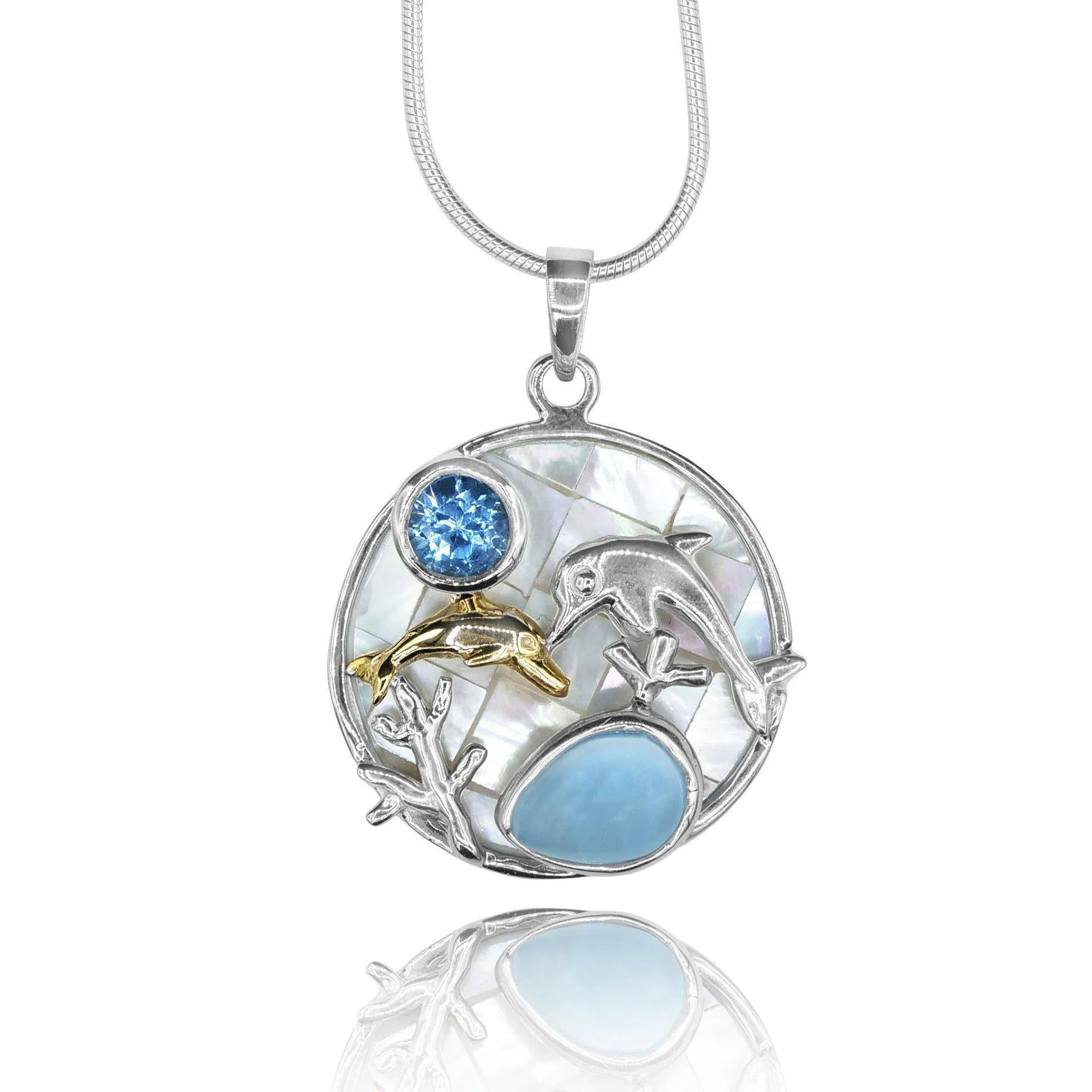 Dolphin Pendant Necklace with Larimar, Swiss Blue Topaz and Mother of Pearl Mosaic