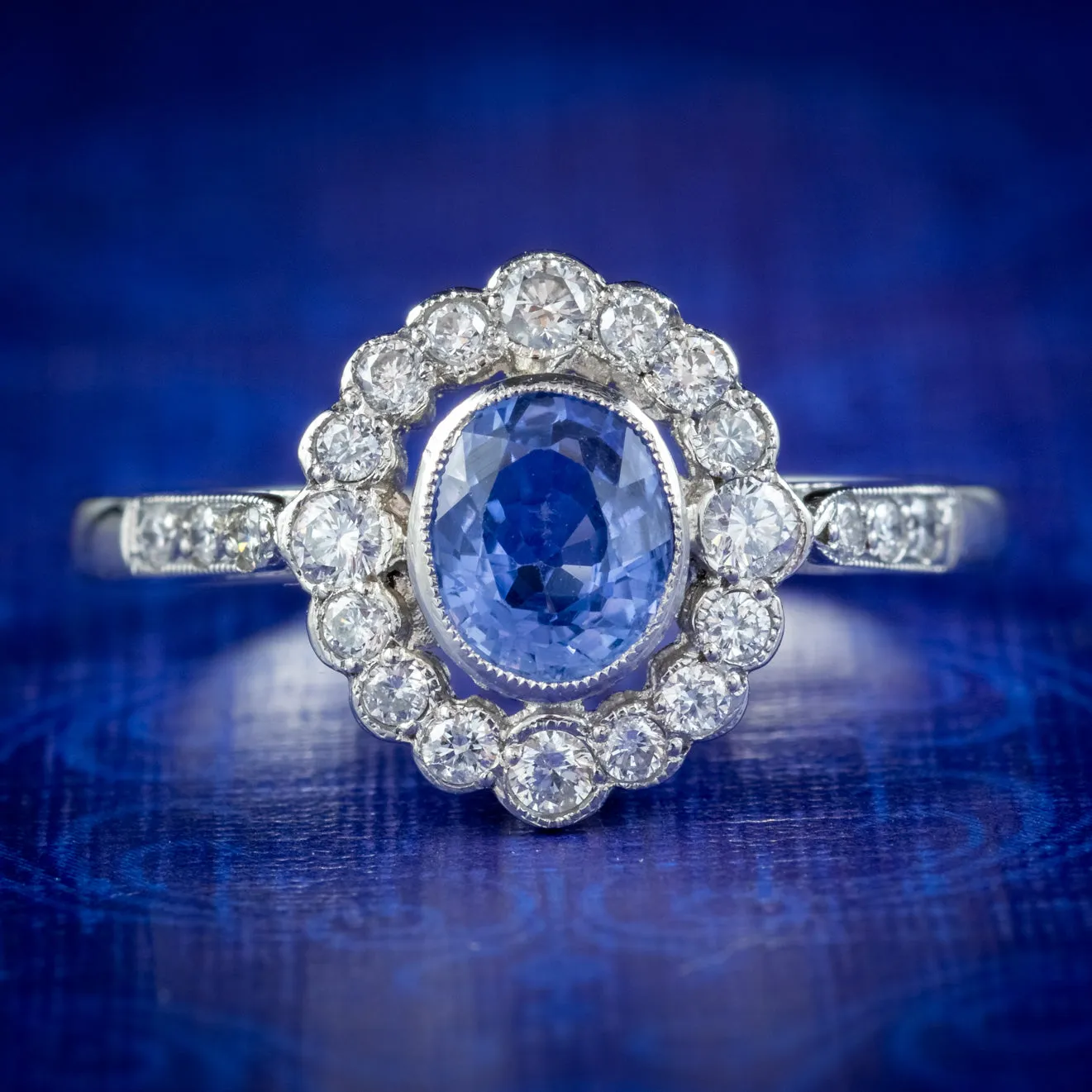 Edwardian Style Sapphire Diamond Cluster Ring Platinum 0.70ct Sapphire