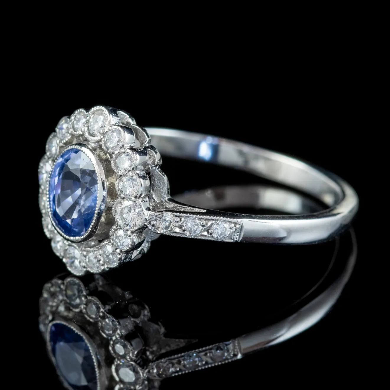 Edwardian Style Sapphire Diamond Cluster Ring Platinum 0.70ct Sapphire