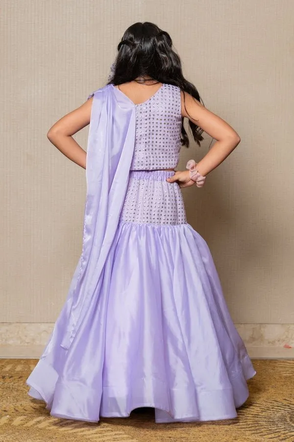 Elegant Lavender mermaid gown with sparkling embellishments and a draped neckline, perfect for a sophisticated look at any special event.