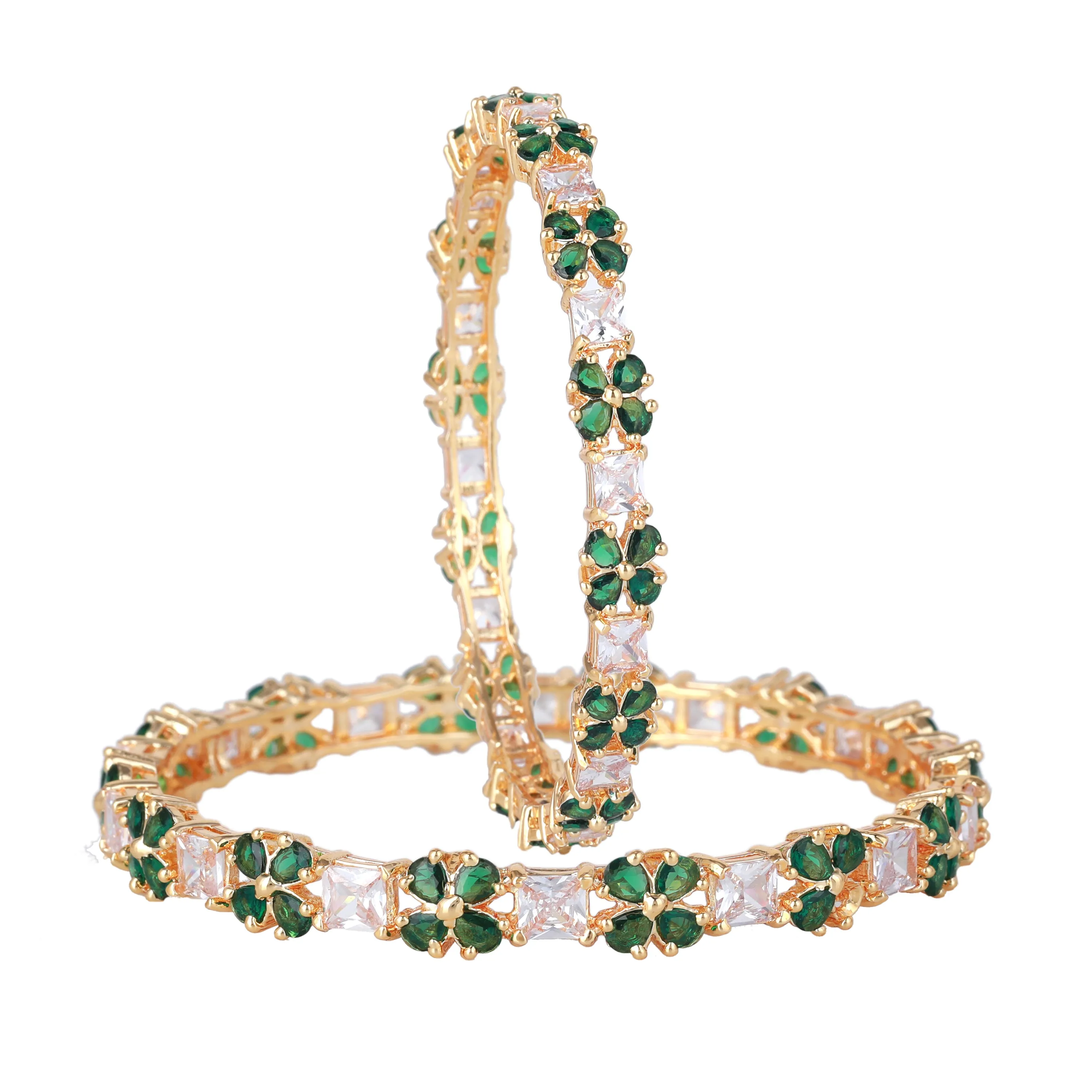 Estele Gold-Plated Dazzling Green American Diamond 2:6 Size Bangles with Square Patterns for Women|Timeless Floral Elegance for Women