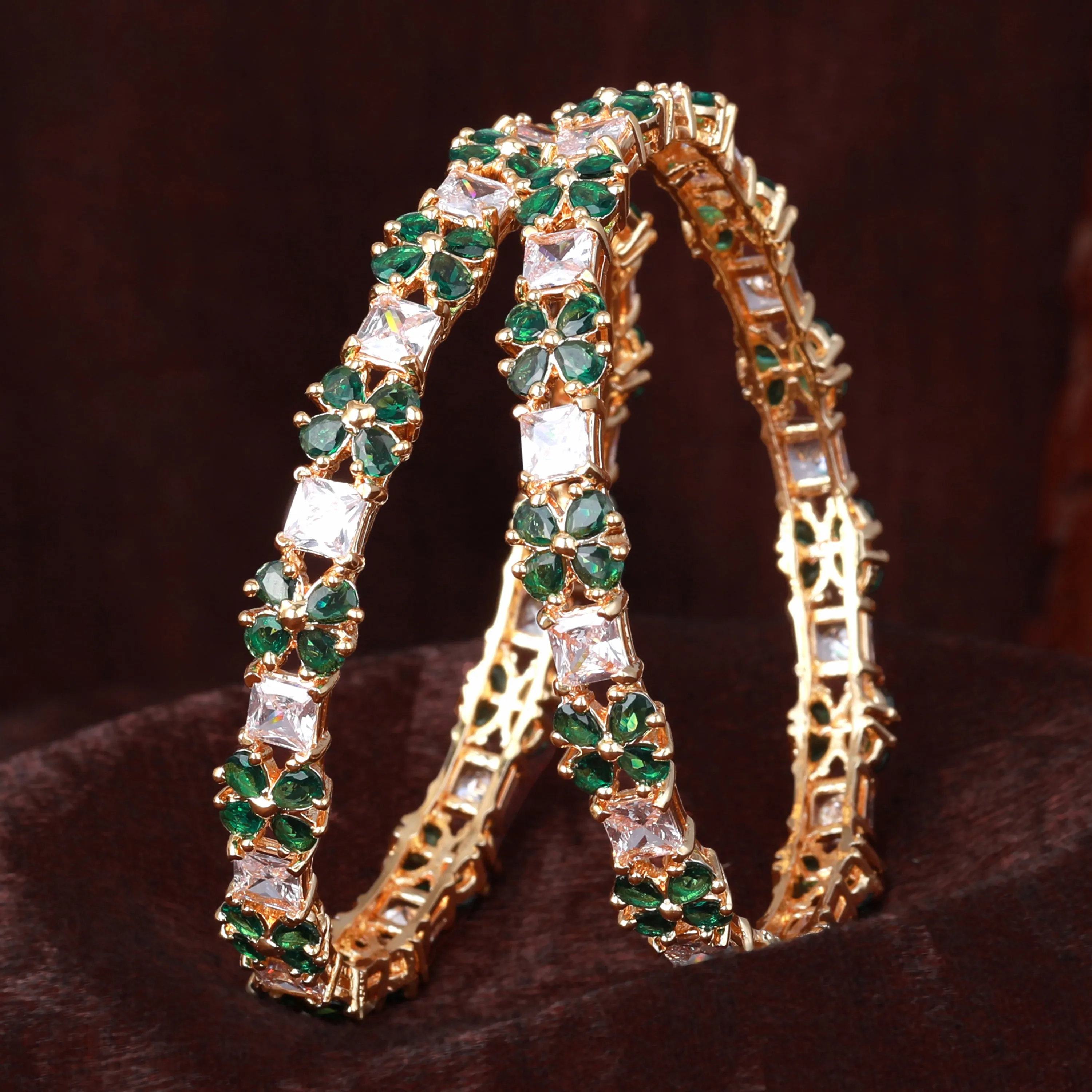 Estele Gold-Plated Dazzling Green American Diamond 2:6 Size Bangles with Square Patterns for Women|Timeless Floral Elegance for Women