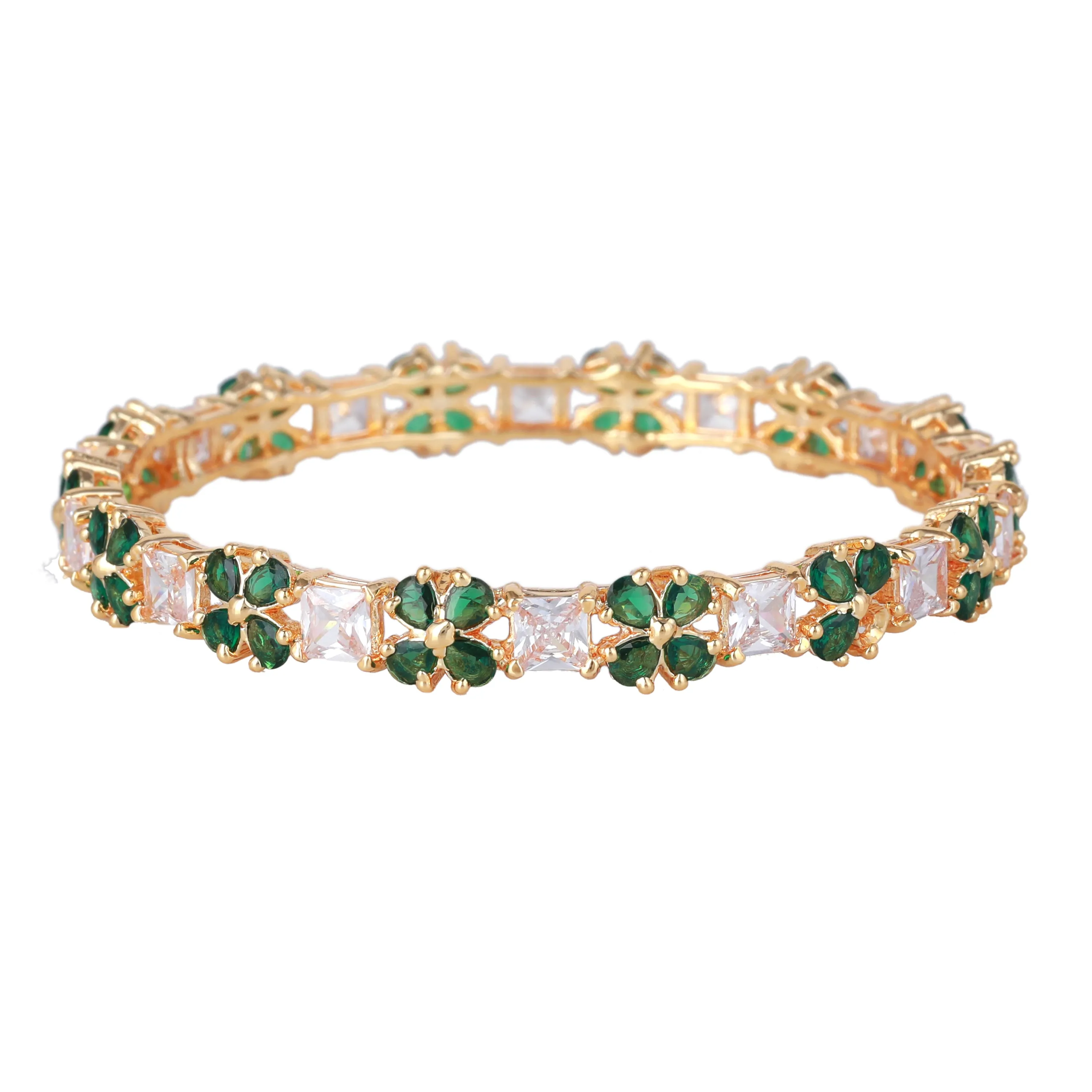 Estele Gold-Plated Dazzling Green American Diamond 2:6 Size Bangles with Square Patterns for Women|Timeless Floral Elegance for Women