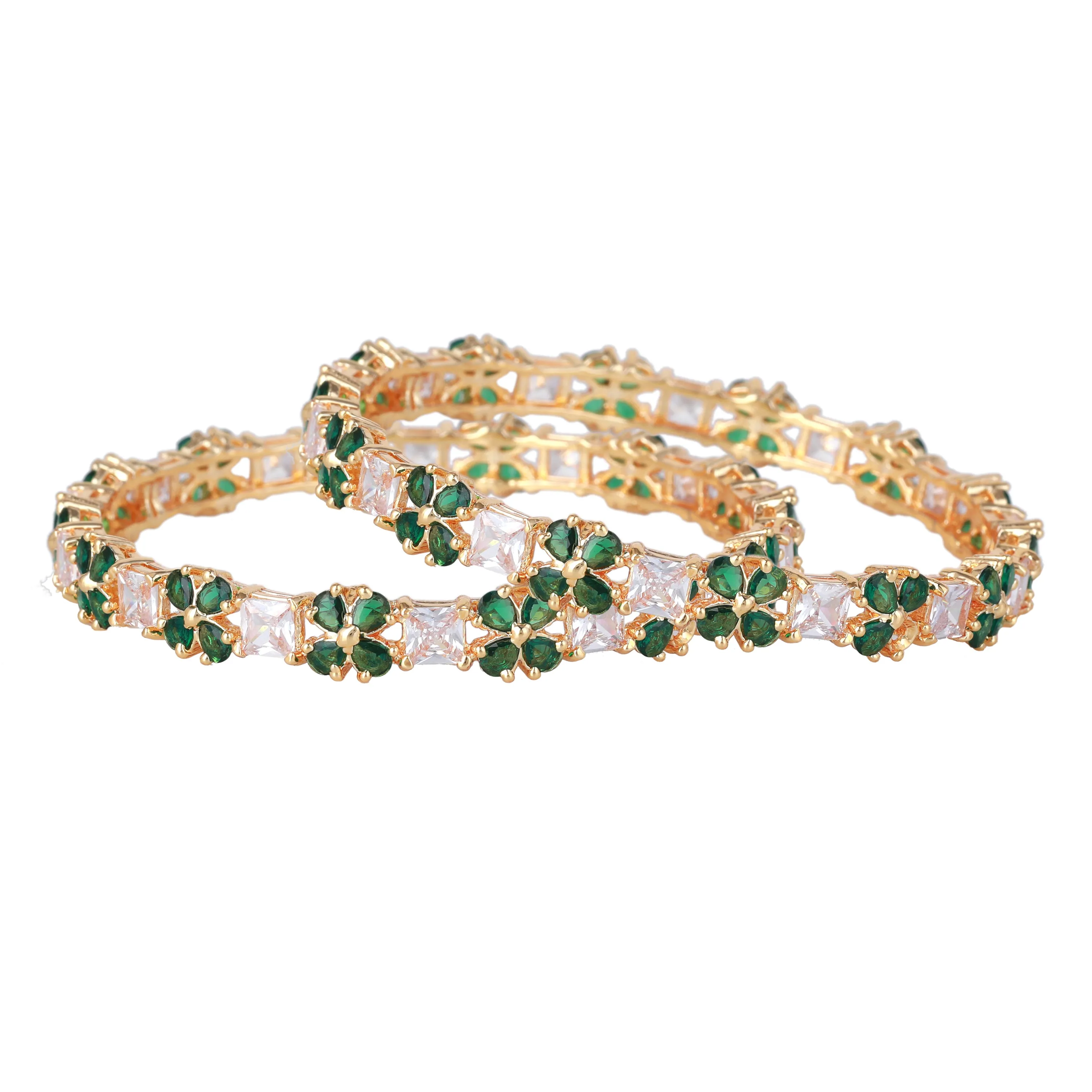 Estele Gold-Plated Dazzling Green American Diamond 2:6 Size Bangles with Square Patterns for Women|Timeless Floral Elegance for Women