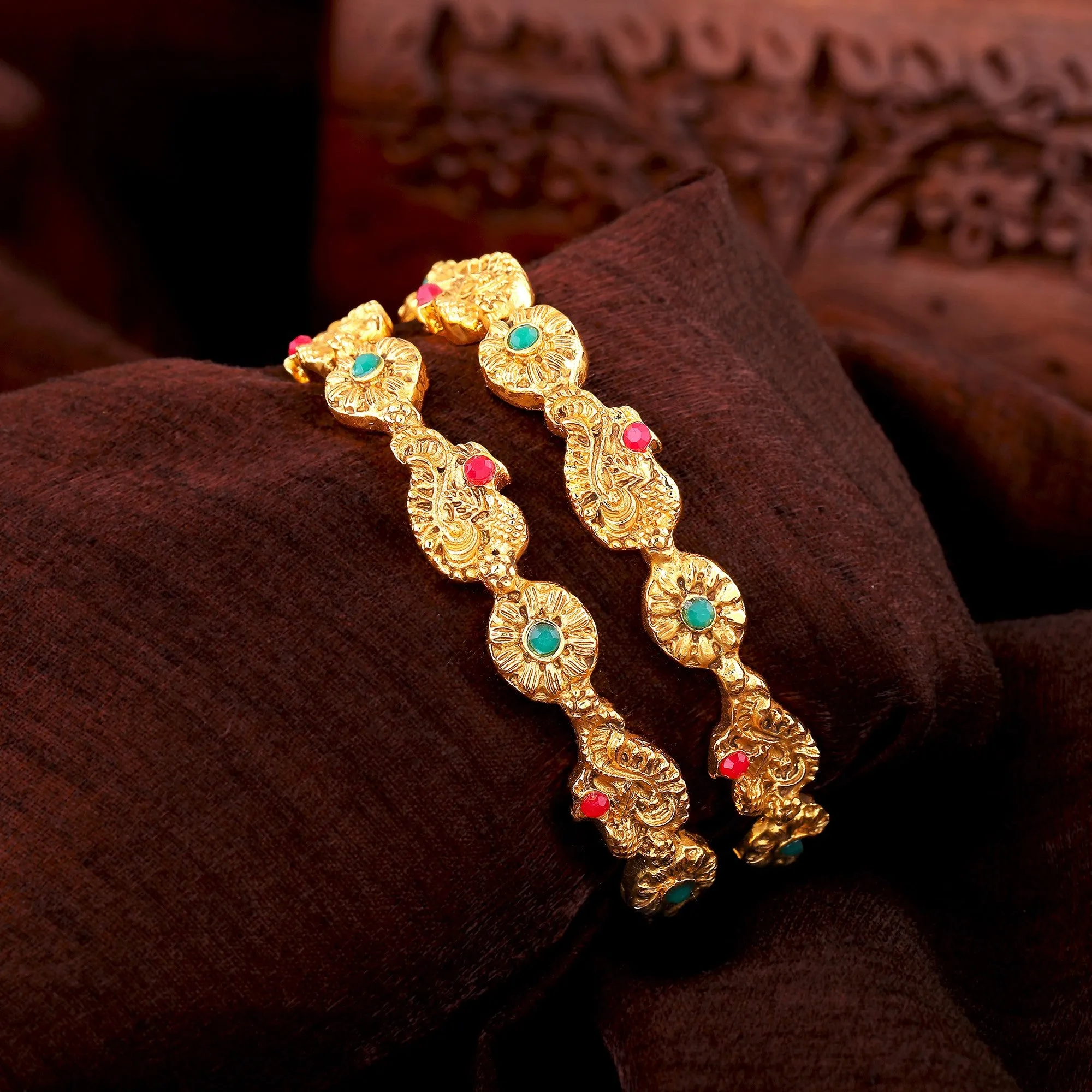 Estele Gold Plated Multi-Color Vibrant Peacock Motif 2:6 Size Bangles for Women| A Timeless Addition to Your Jewelry Collection