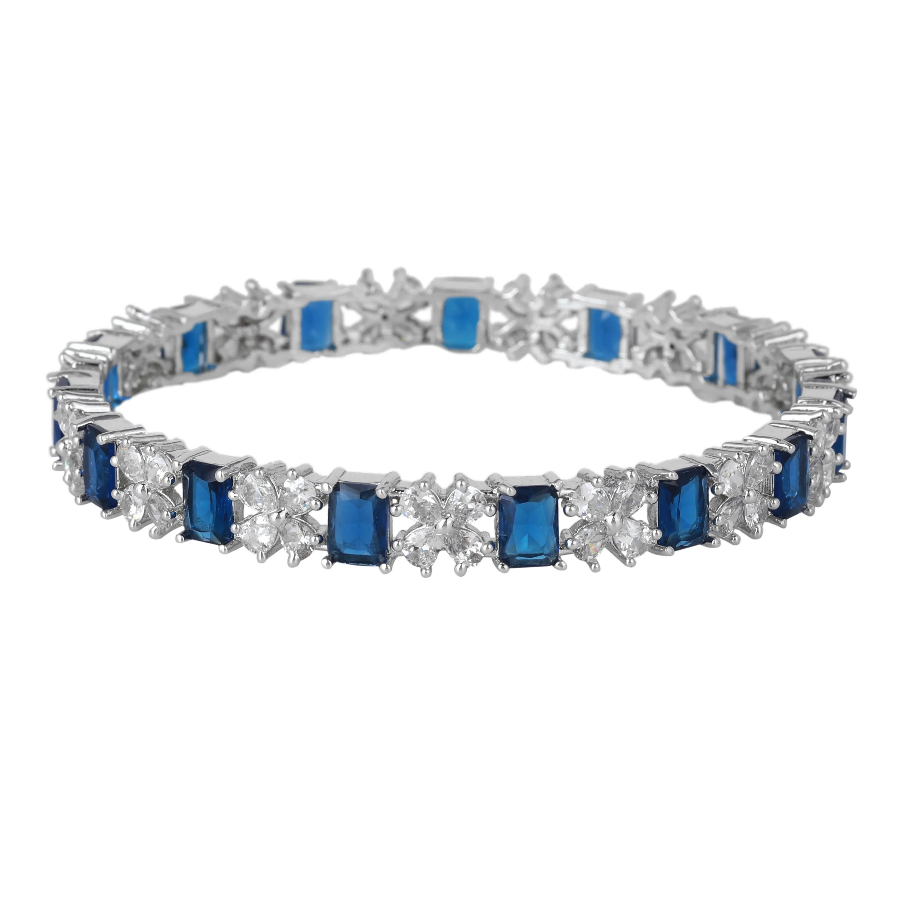 Estele Rhodium Plated Floral Designer Stunning Blue American Diamond Bangles| Available in 2:4, 2:6, & 2:8 Sizes| Timeless & Elegant Look for Women