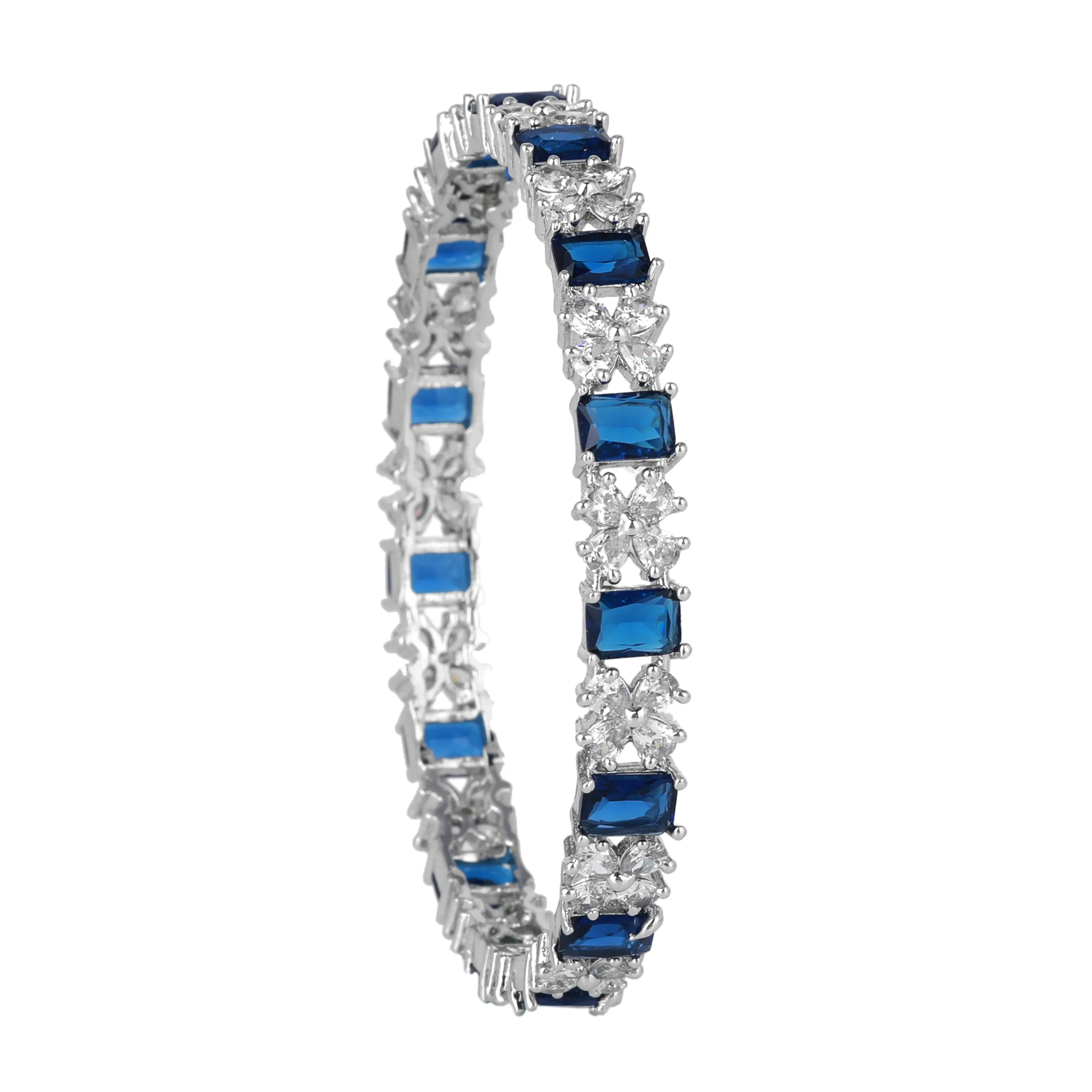 Estele Rhodium Plated Floral Designer Stunning Blue American Diamond Bangles| Available in 2:4, 2:6, & 2:8 Sizes| Timeless & Elegant Look for Women