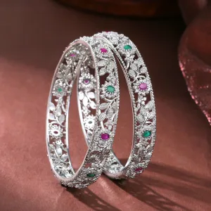 Estele Rhodium-Plated Multi-Color Leaf & Blossom-Design Traditional 2:6 Size Bangles for Women: Timeless Floral Elegance