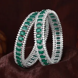 Estele Rhodium Plated Stunnig Green American Diamonds Bangles | Available Sizes 2:4, 2:6 & 2:8| A Timeless Accessory for Women