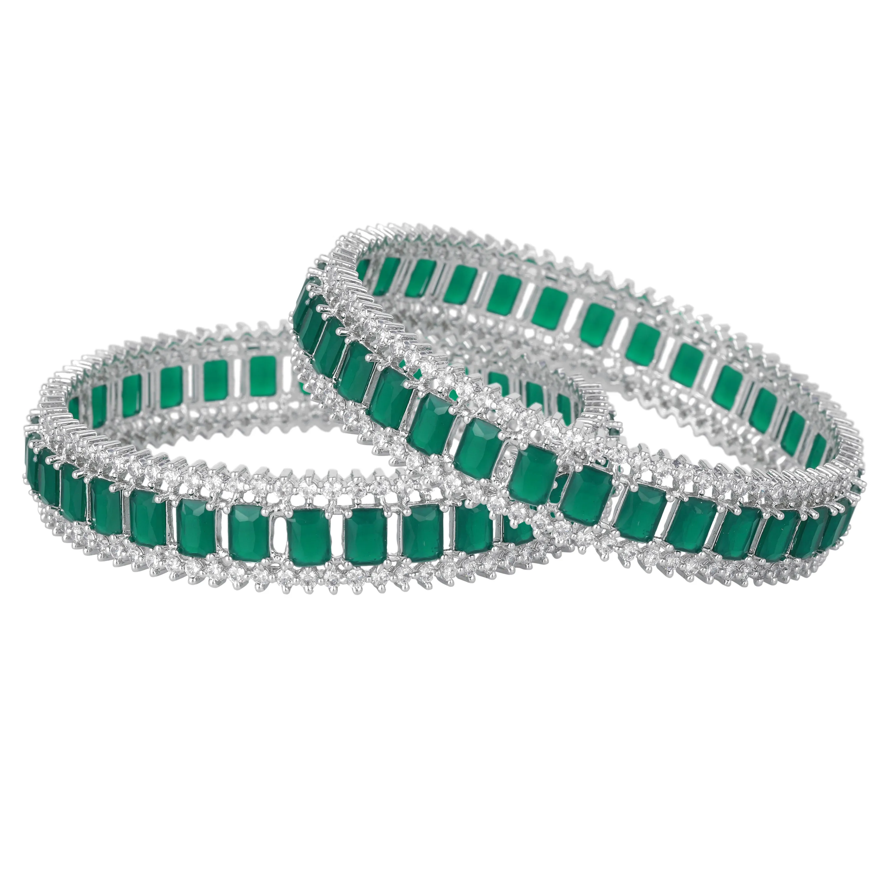 Estele Rhodium Plated Stunnig Green American Diamonds Bangles | Available Sizes 2:4, 2:6 & 2:8| A Timeless Accessory for Women