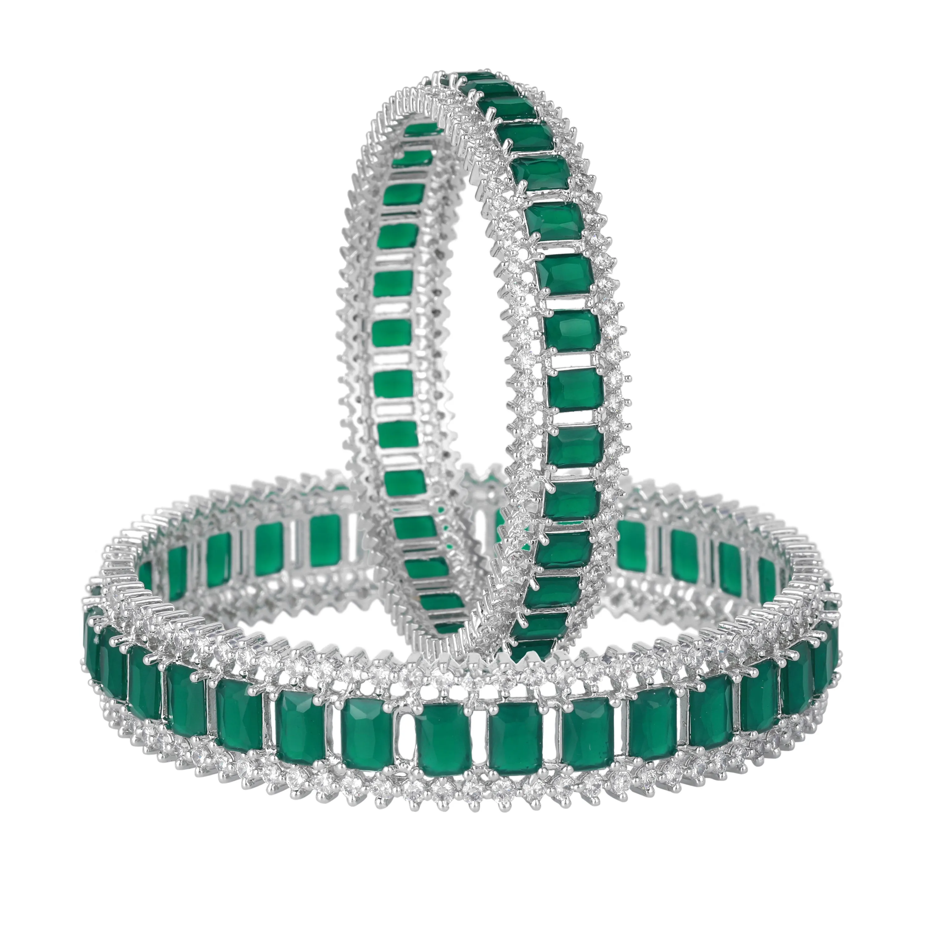 Estele Rhodium Plated Stunnig Green American Diamonds Bangles | Available Sizes 2:4, 2:6 & 2:8| A Timeless Accessory for Women