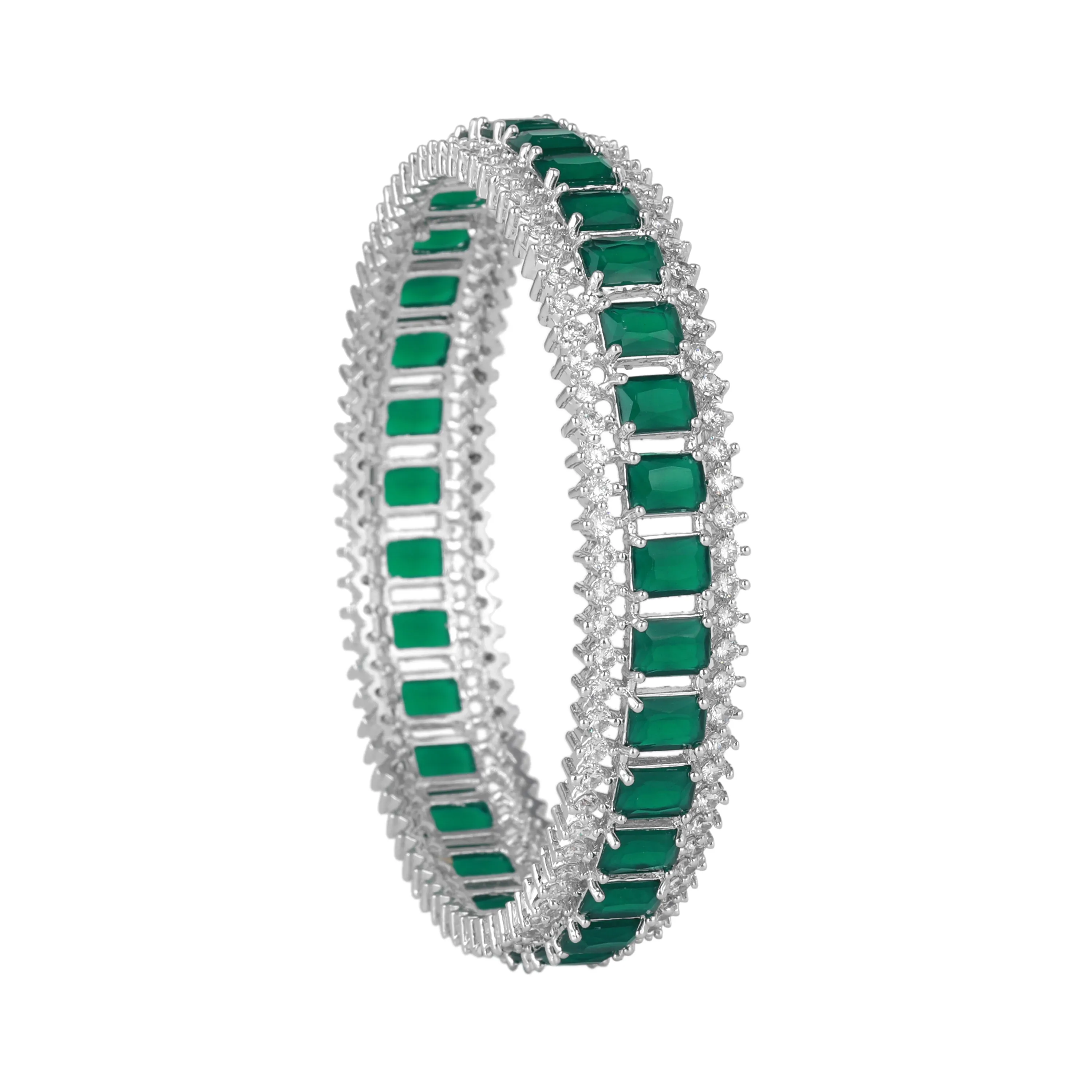 Estele Rhodium Plated Stunnig Green American Diamonds Bangles | Available Sizes 2:4, 2:6 & 2:8| A Timeless Accessory for Women