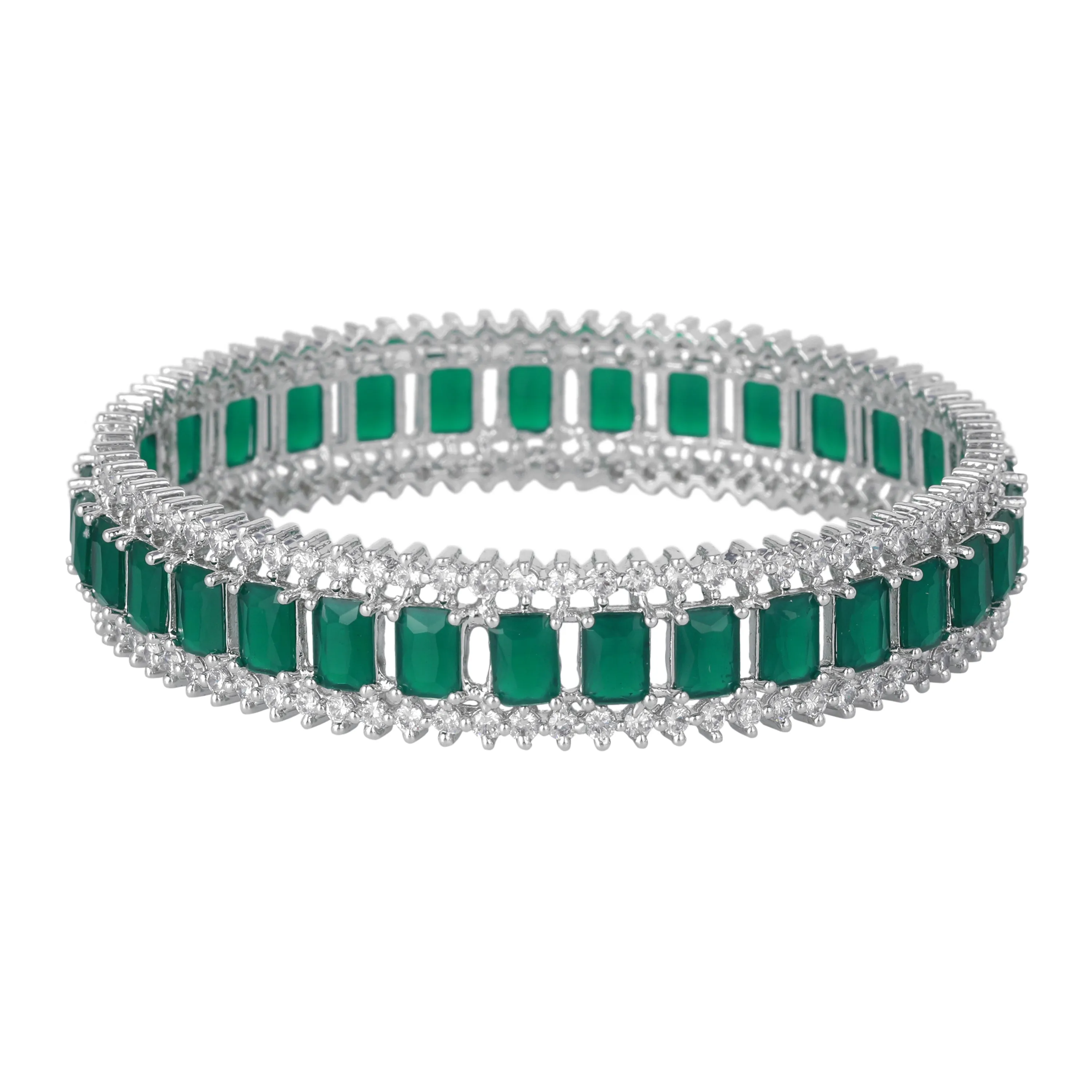 Estele Rhodium Plated Stunnig Green American Diamonds Bangles | Available Sizes 2:4, 2:6 & 2:8| A Timeless Accessory for Women