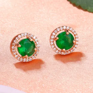 Estele Rose Gold Plated CZ Circular Designer Stud Earrings with Green Stones for Women