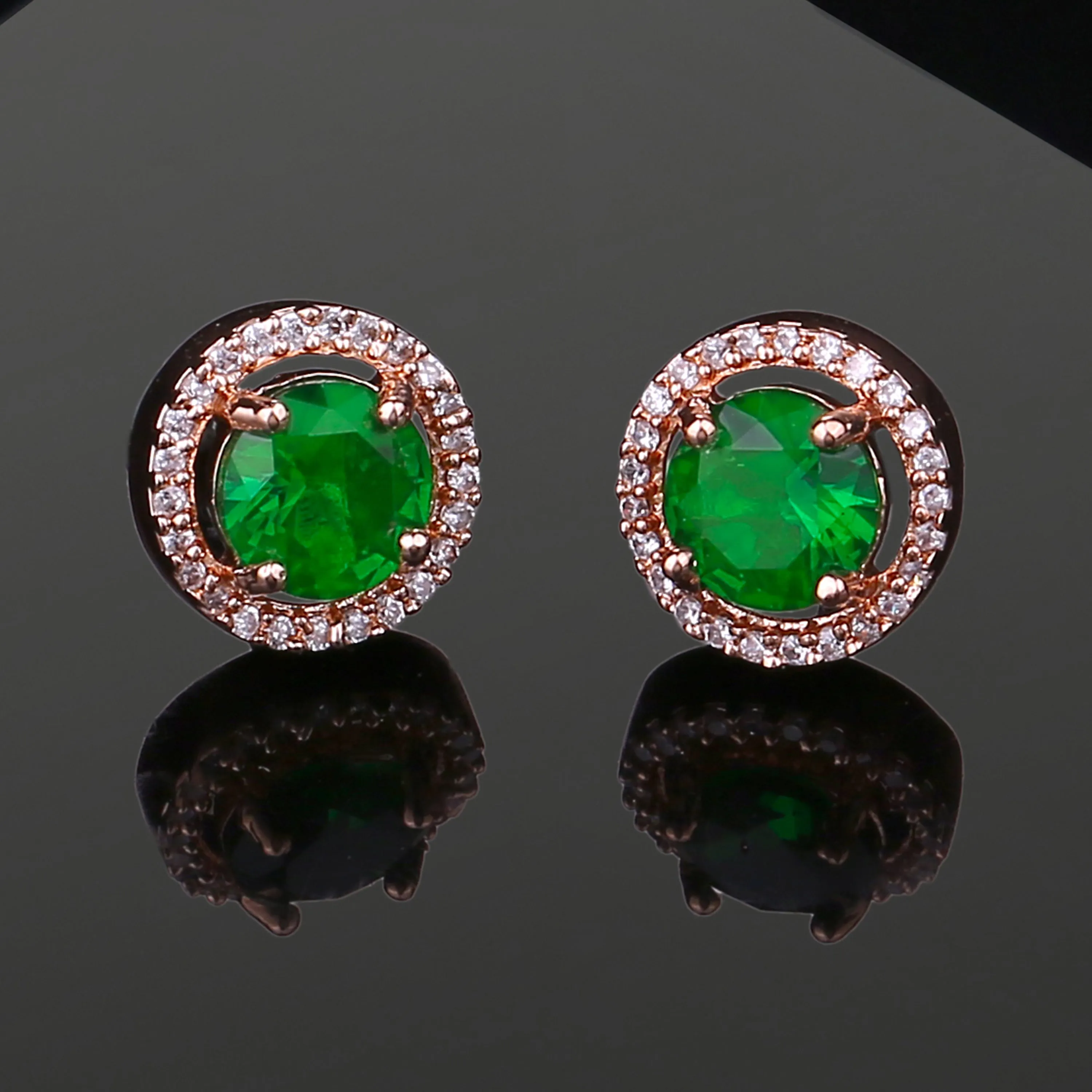 Estele Rose Gold Plated CZ Circular Designer Stud Earrings with Green Stones for Women