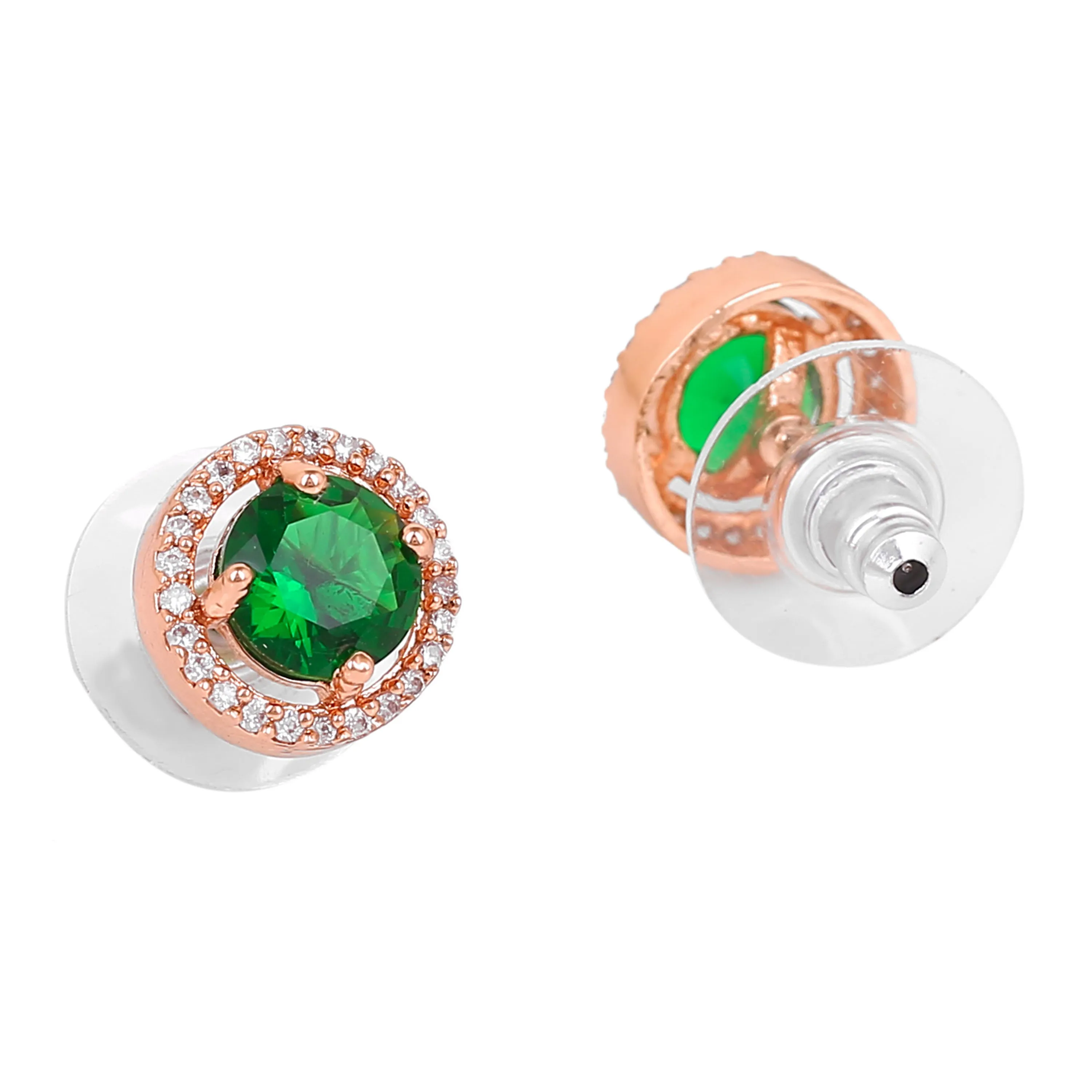 Estele Rose Gold Plated CZ Circular Designer Stud Earrings with Green Stones for Women