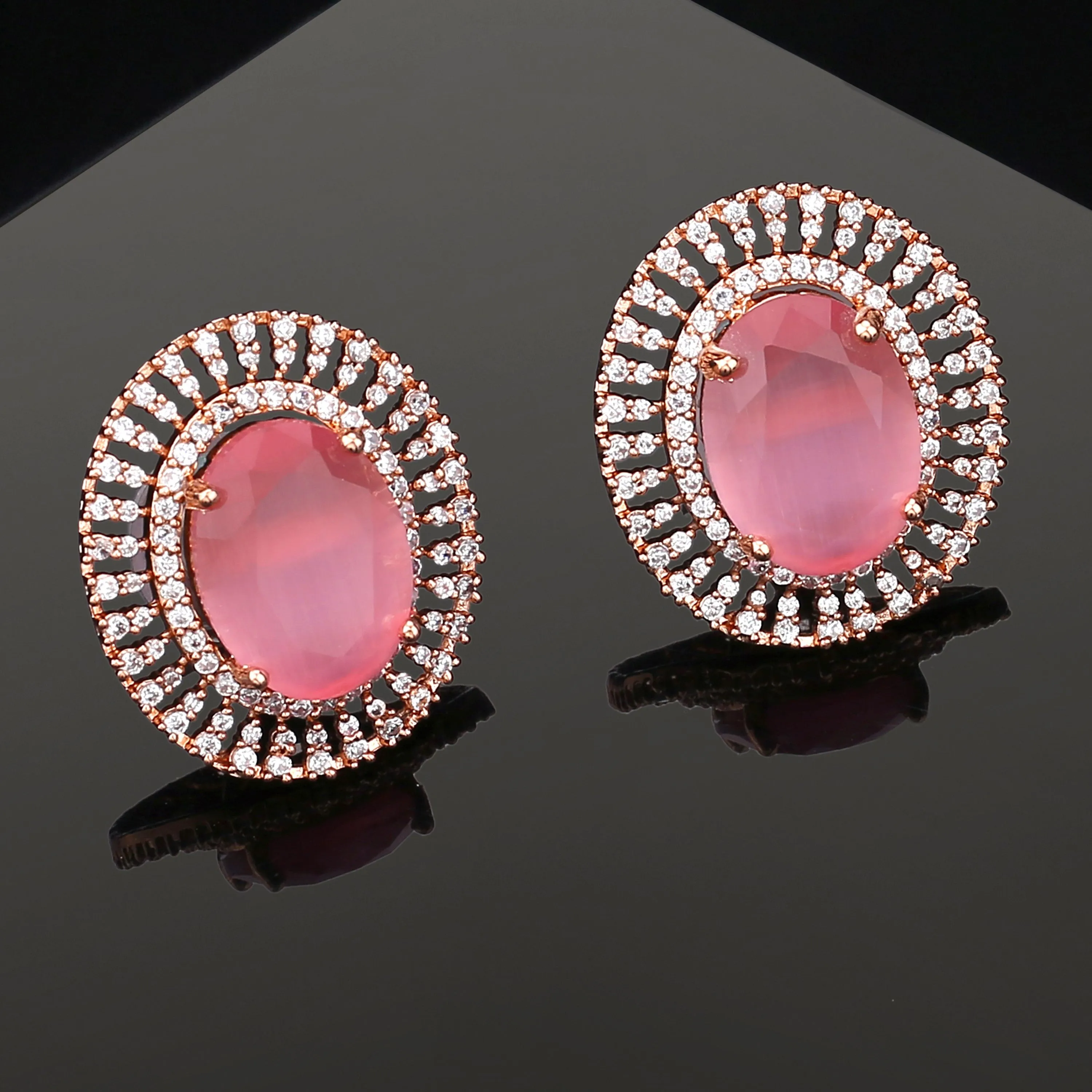 Estele Rose Gold Plated CZ Circular Designer Stud Earrings with Mint Pink Stones for Women