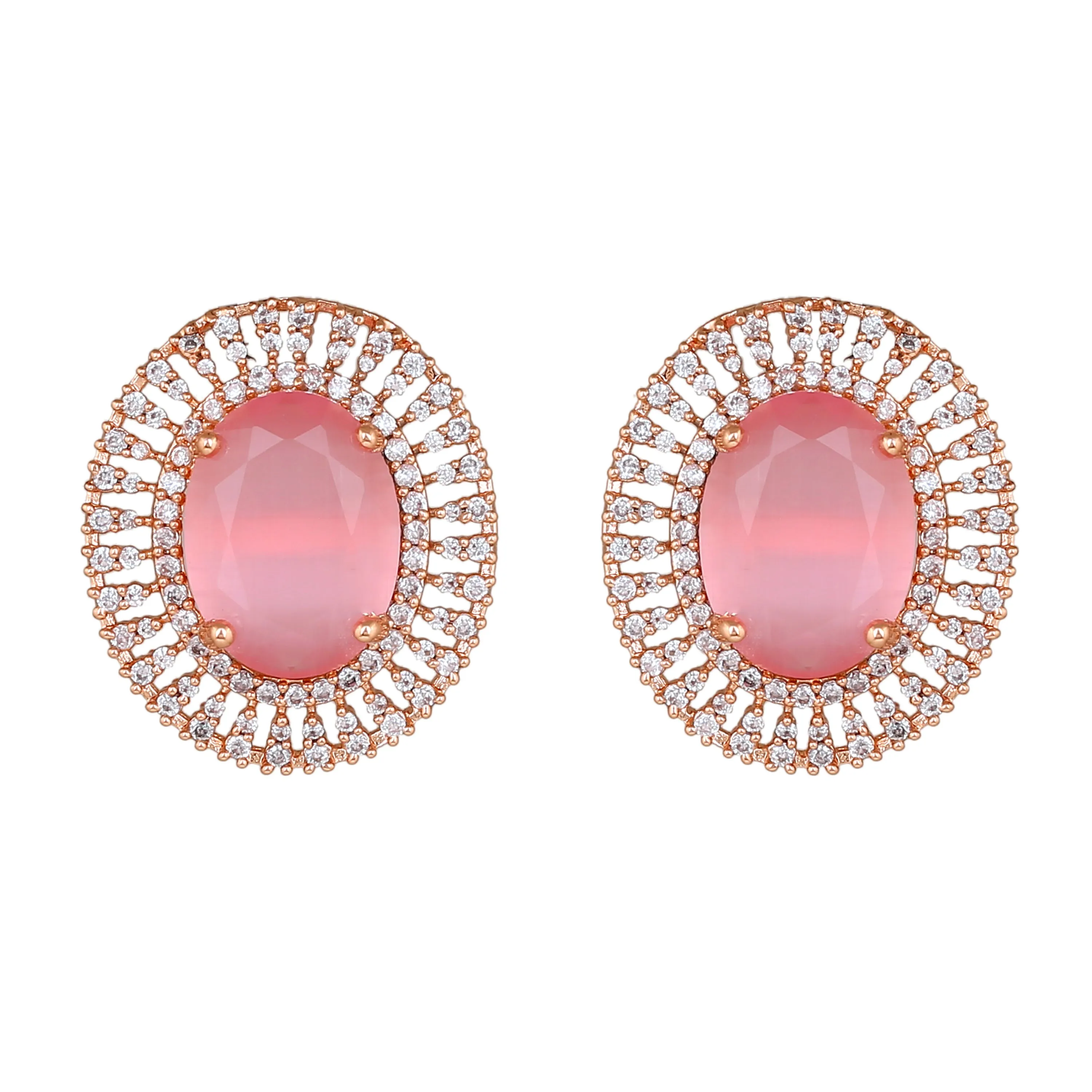 Estele Rose Gold Plated CZ Circular Designer Stud Earrings with Mint Pink Stones for Women