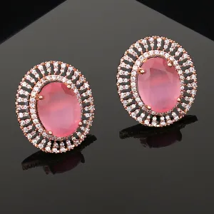 Estele Rose Gold Plated CZ Circular Designer Stud Earrings with Mint Pink Stones for Women