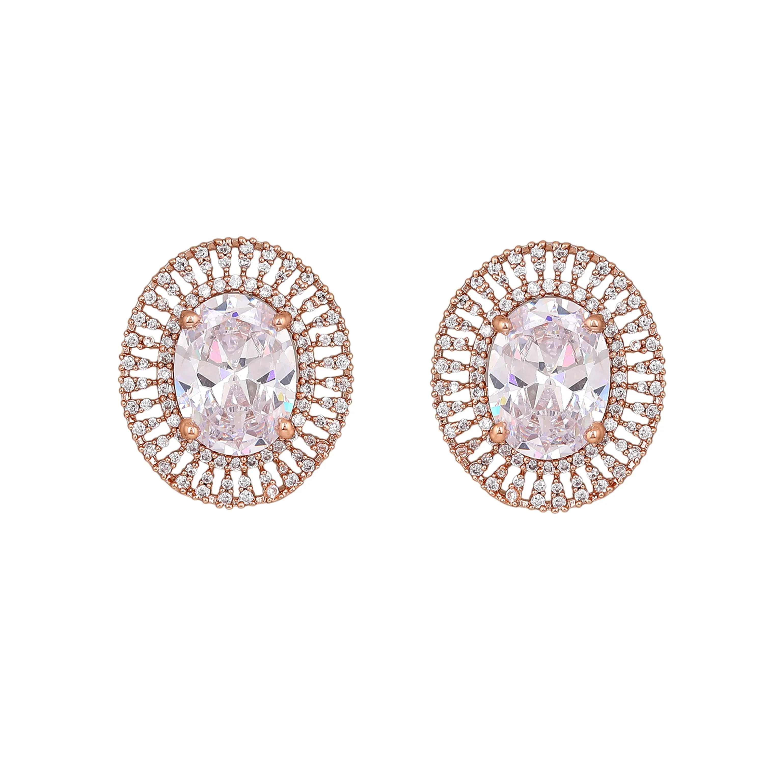 Estele Rose Gold Plated CZ Circular Designer Stud Earrings with White Stones for Women