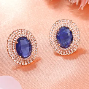 Estele Rose Gold Plated CZ Circular Stud Earrings with Blue Stones for Women