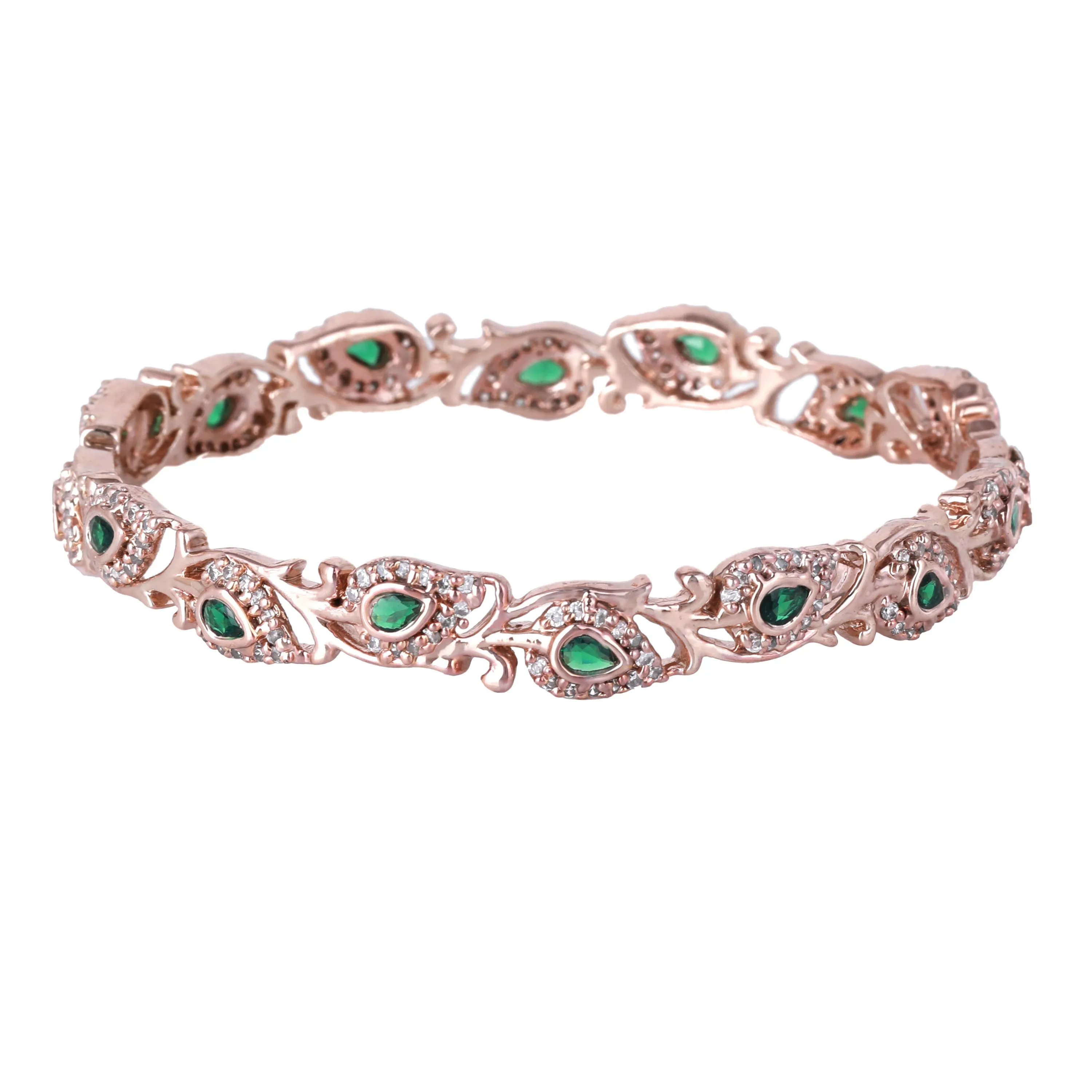 Estele Rosegold Plated Artistic Floral & Leaf Patterned 2:6 Size Bangles with Green Crystals| Timeless Floral Elegance for Women