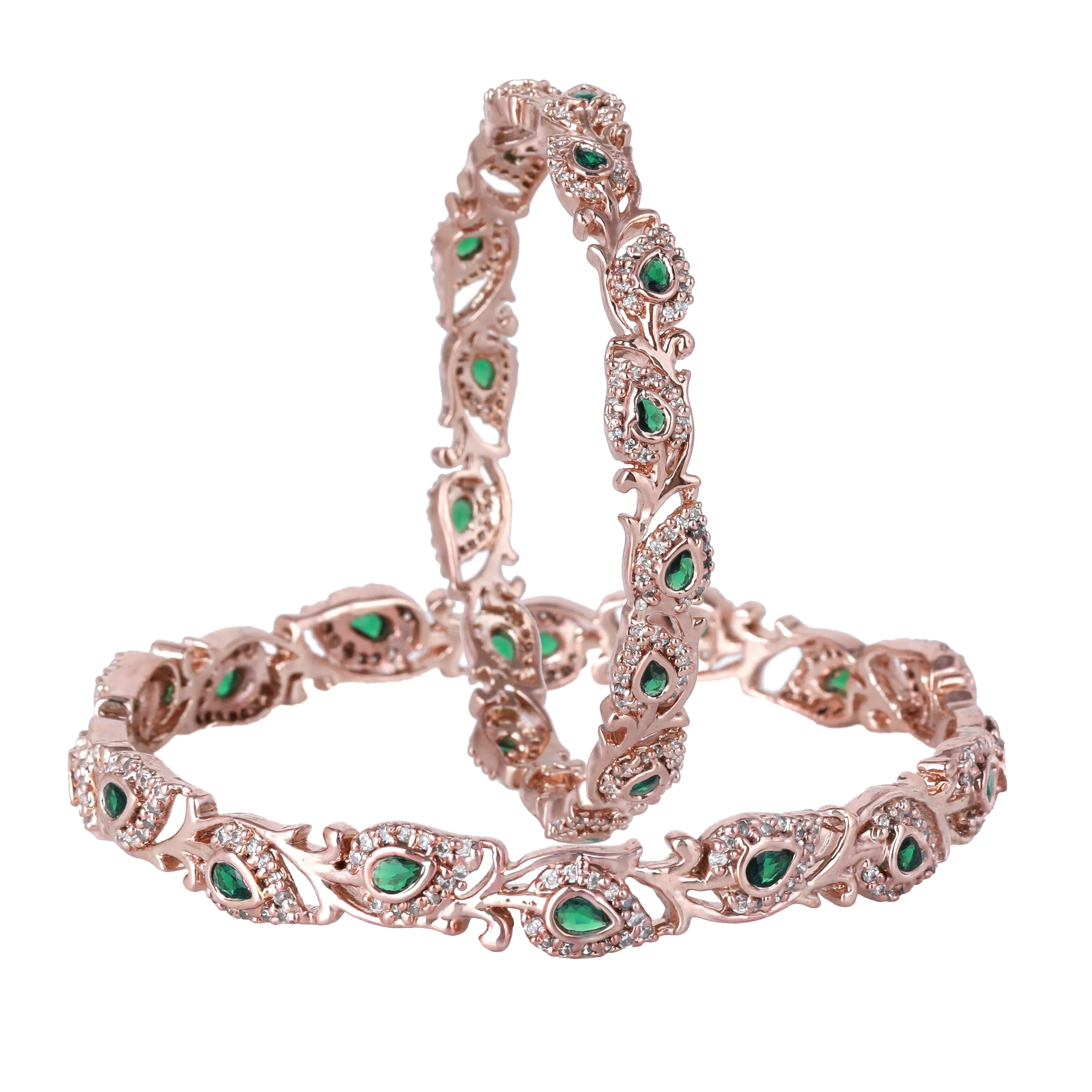 Estele Rosegold Plated Artistic Floral & Leaf Patterned 2:6 Size Bangles with Green Crystals| Timeless Floral Elegance for Women