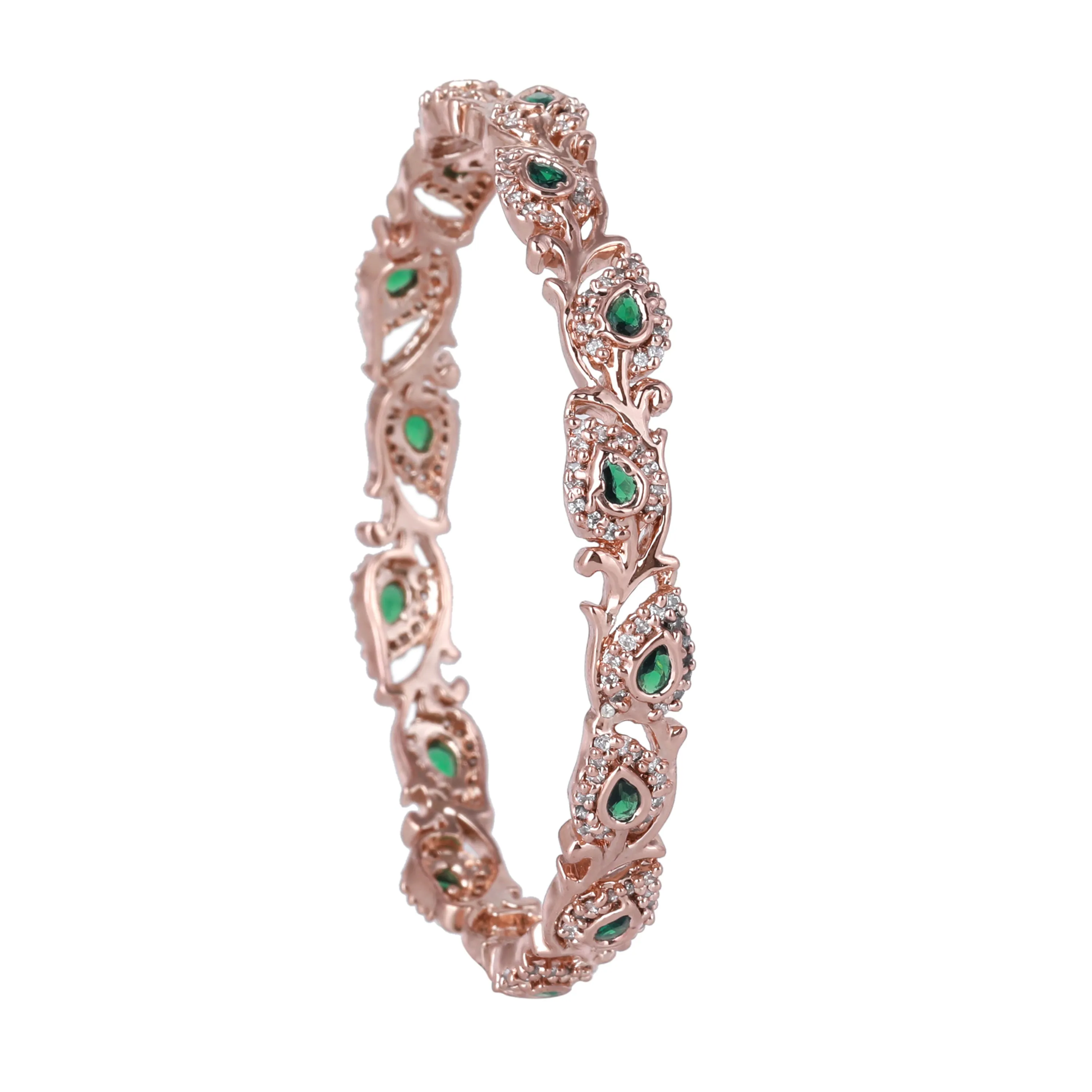 Estele Rosegold Plated Artistic Floral & Leaf Patterned 2:6 Size Bangles with Green Crystals| Timeless Floral Elegance for Women