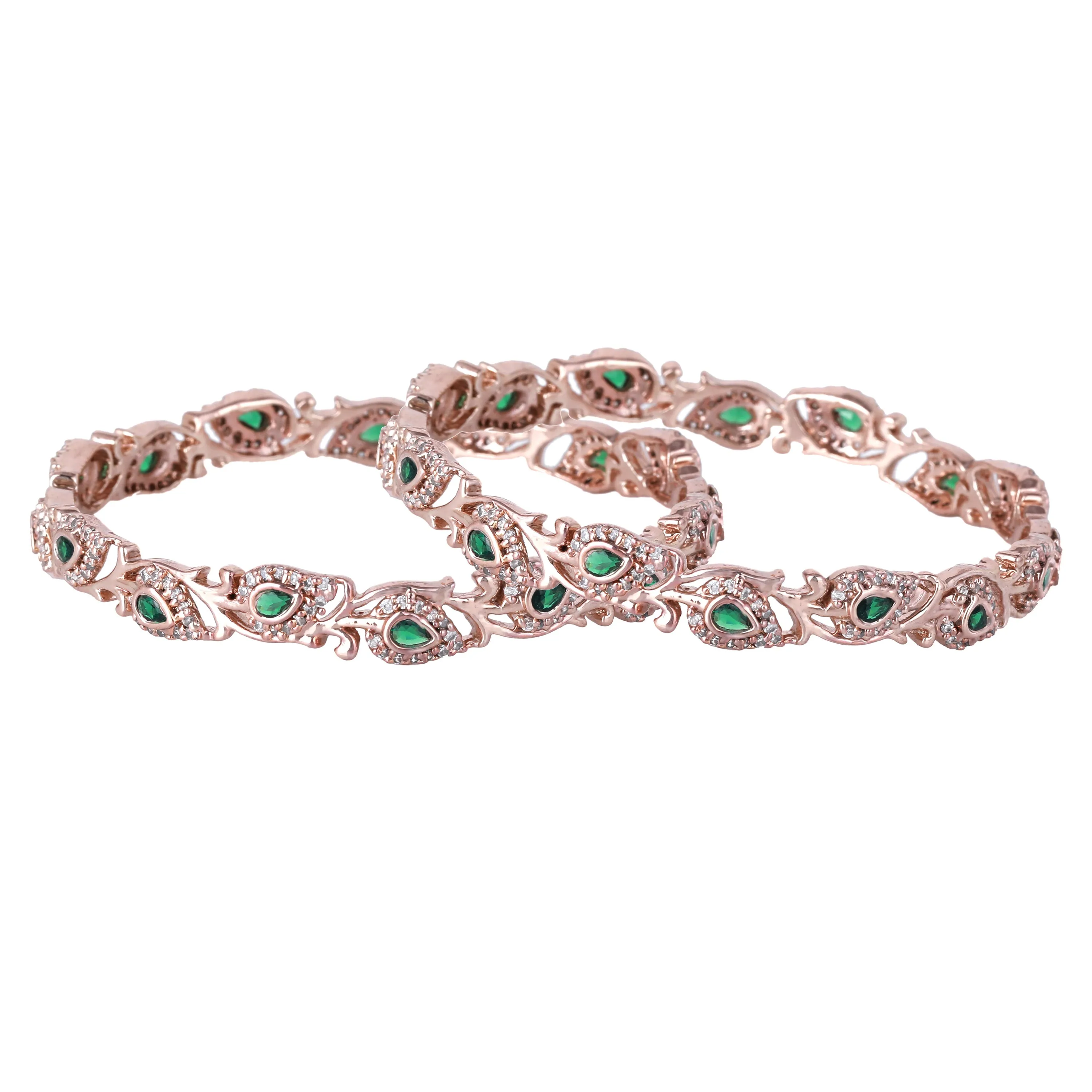 Estele Rosegold Plated Artistic Floral & Leaf Patterned 2:6 Size Bangles with Green Crystals| Timeless Floral Elegance for Women