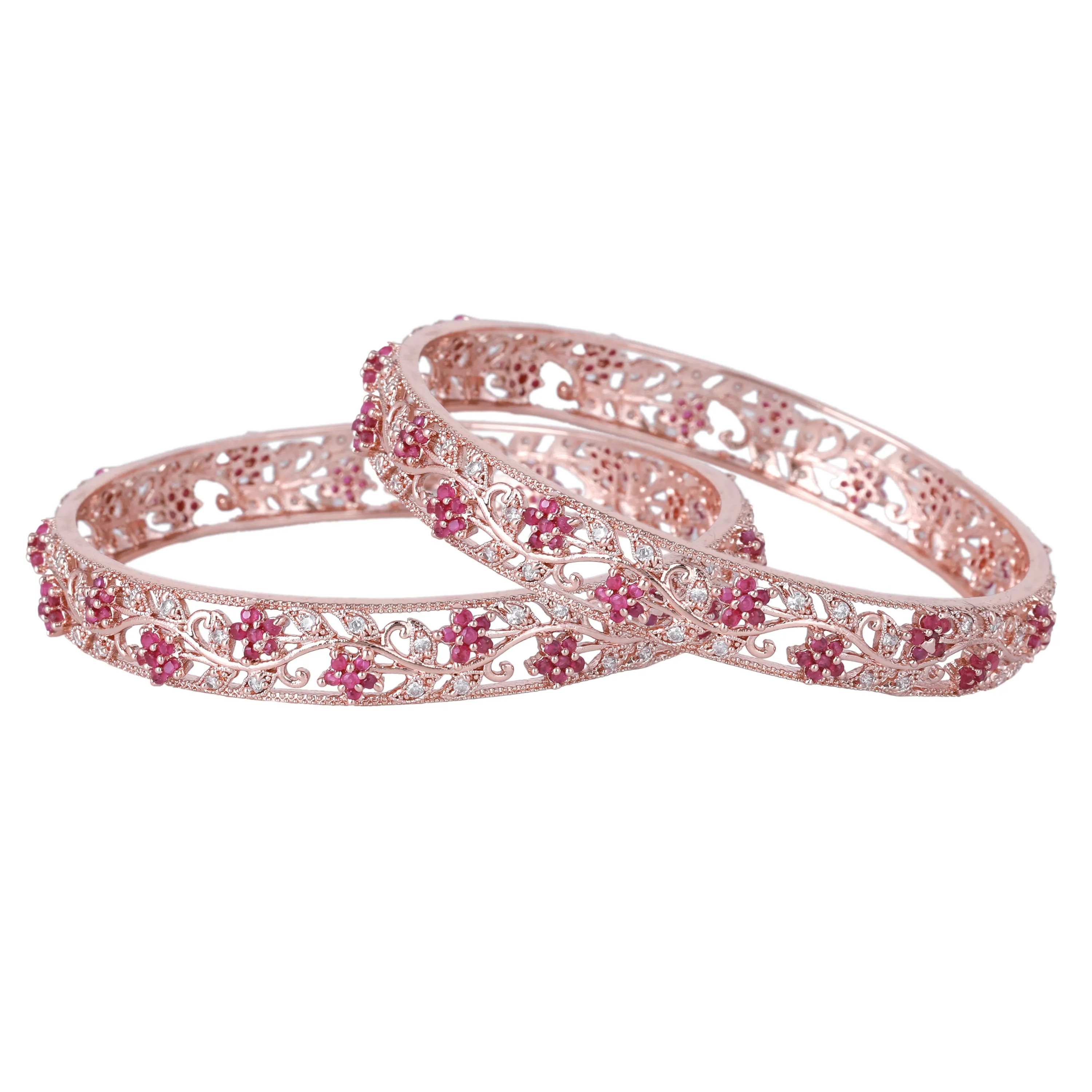 Estele Rosegold Plated Exquisite Floral Designer Traditional 2:6 Size Bangles with Ruby American Diamonds|A Timeless Jewelry Choice for Women