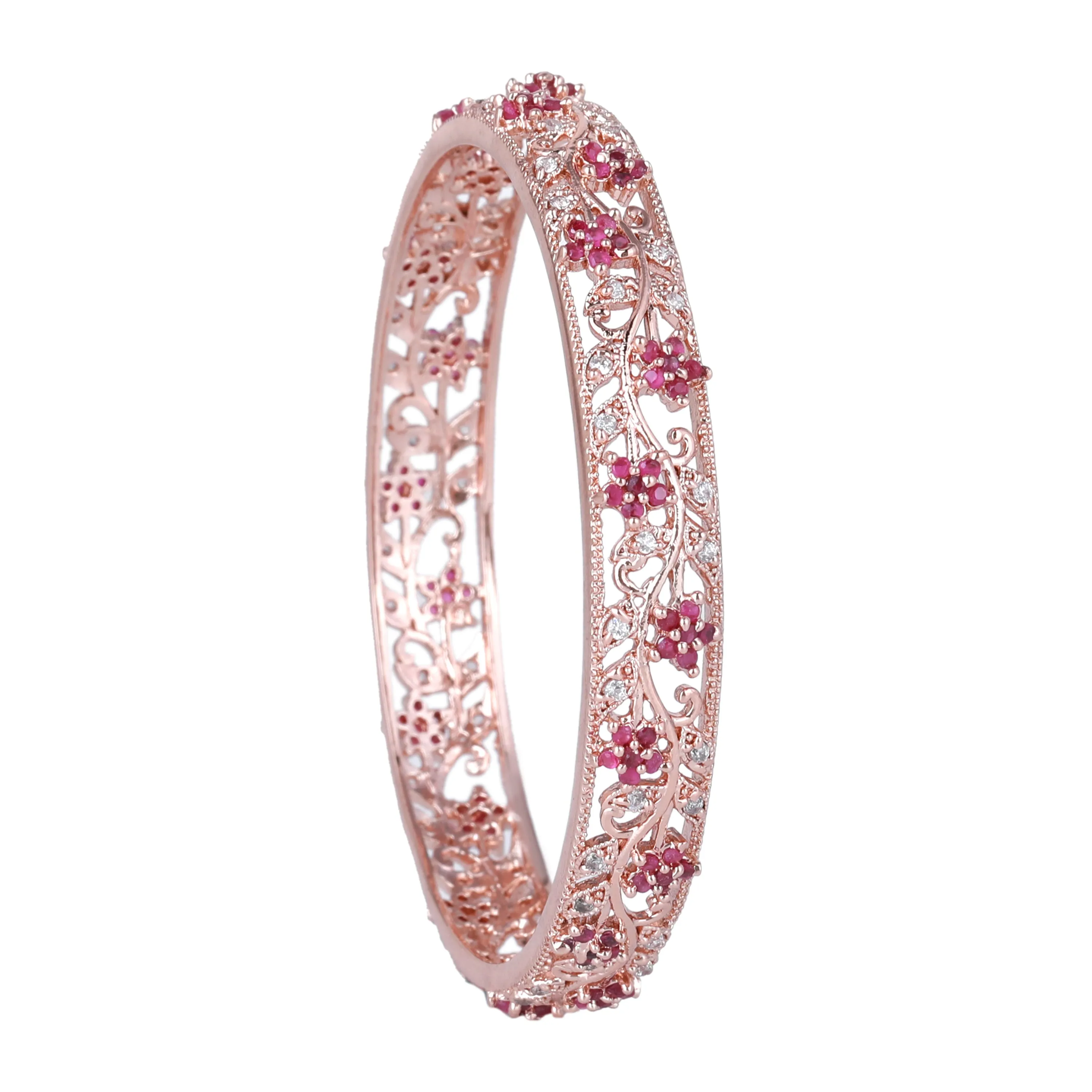 Estele Rosegold Plated Exquisite Floral Designer Traditional 2:6 Size Bangles with Ruby American Diamonds|A Timeless Jewelry Choice for Women