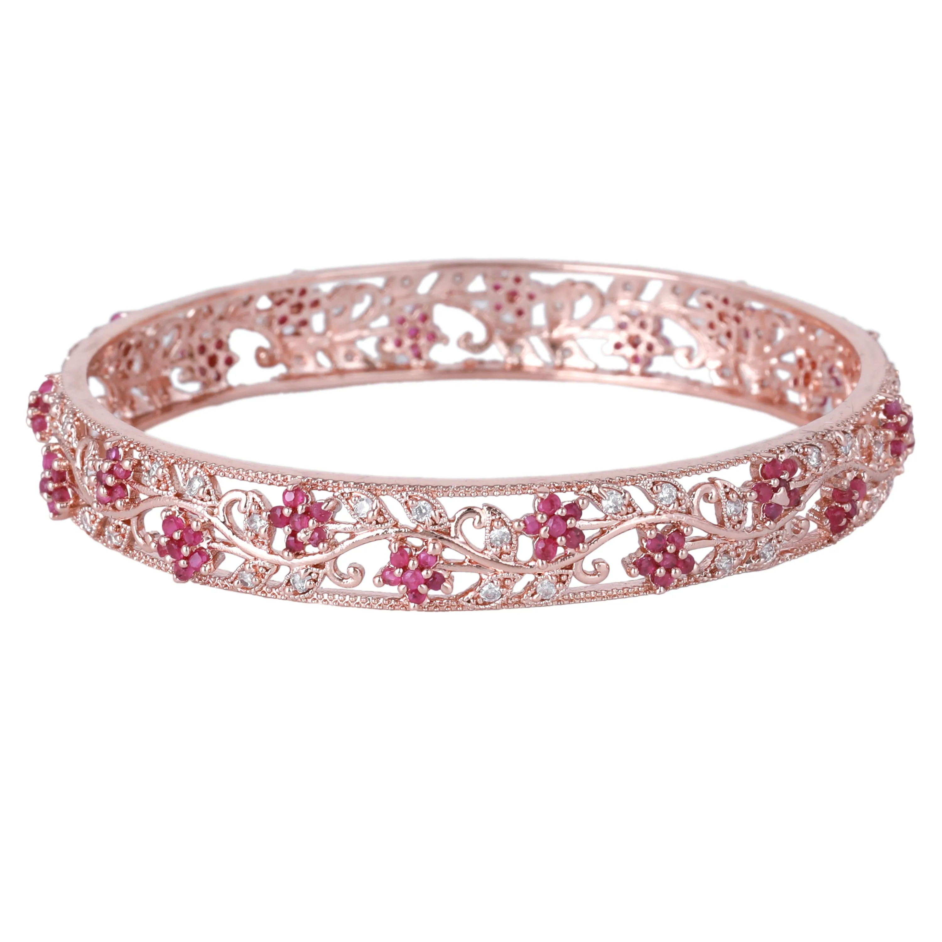 Estele Rosegold Plated Exquisite Floral Designer Traditional 2:6 Size Bangles with Ruby American Diamonds|A Timeless Jewelry Choice for Women