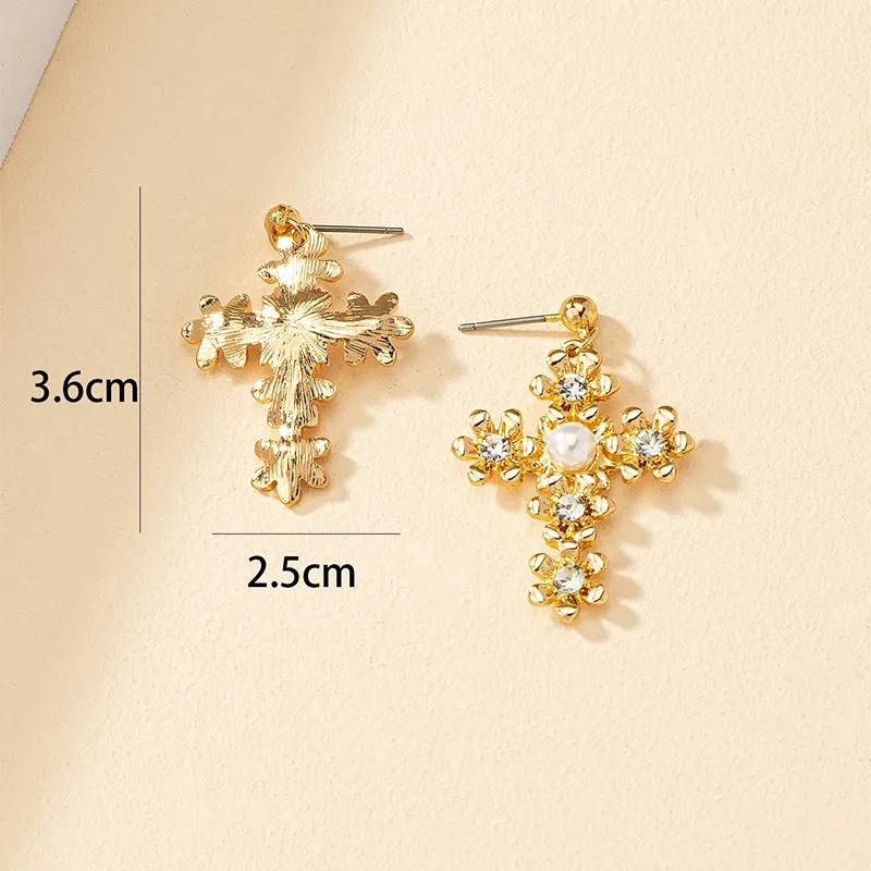 European and American Vienna Verve Metal Cross Earrings with Flower Design