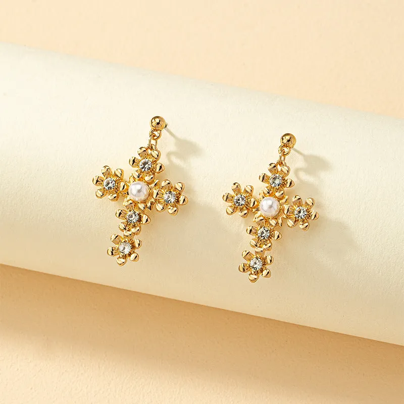 European and American Vienna Verve Metal Cross Earrings with Flower Design