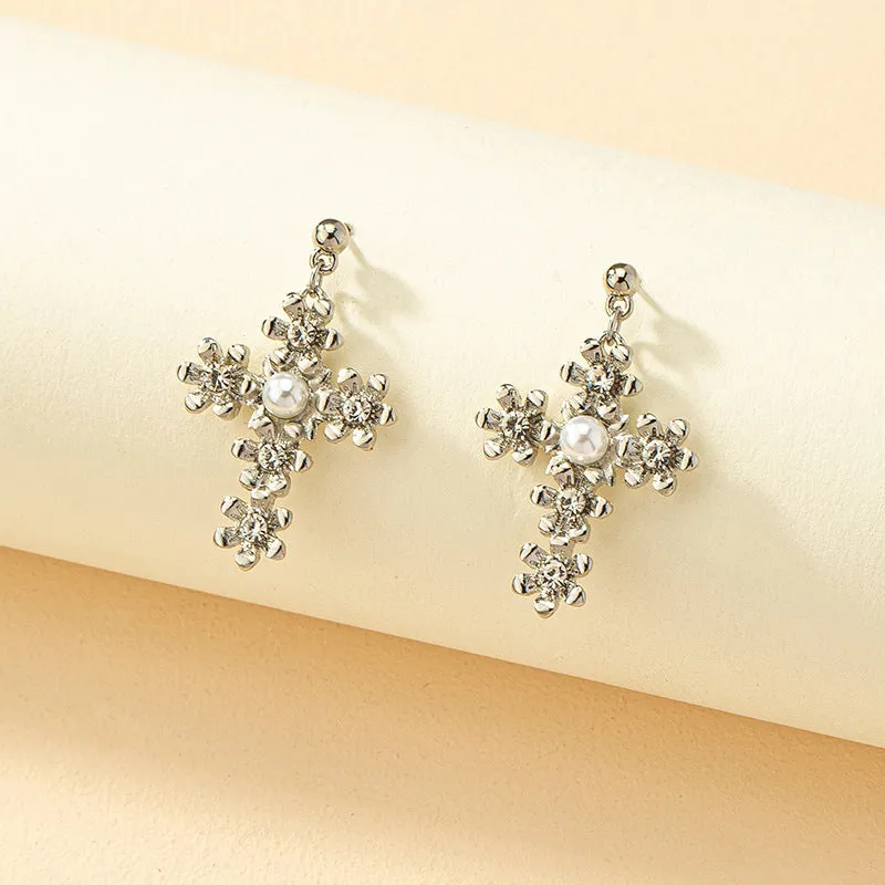 European and American Vienna Verve Metal Cross Earrings with Flower Design