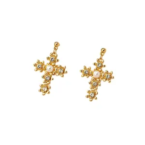 European and American Vienna Verve Metal Cross Earrings with Flower Design