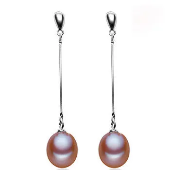 Fashion Natural Culture 8-9mm rice shape black Pearl Earrings Long Ear line For Girl Wondful Party Fine Jewelry